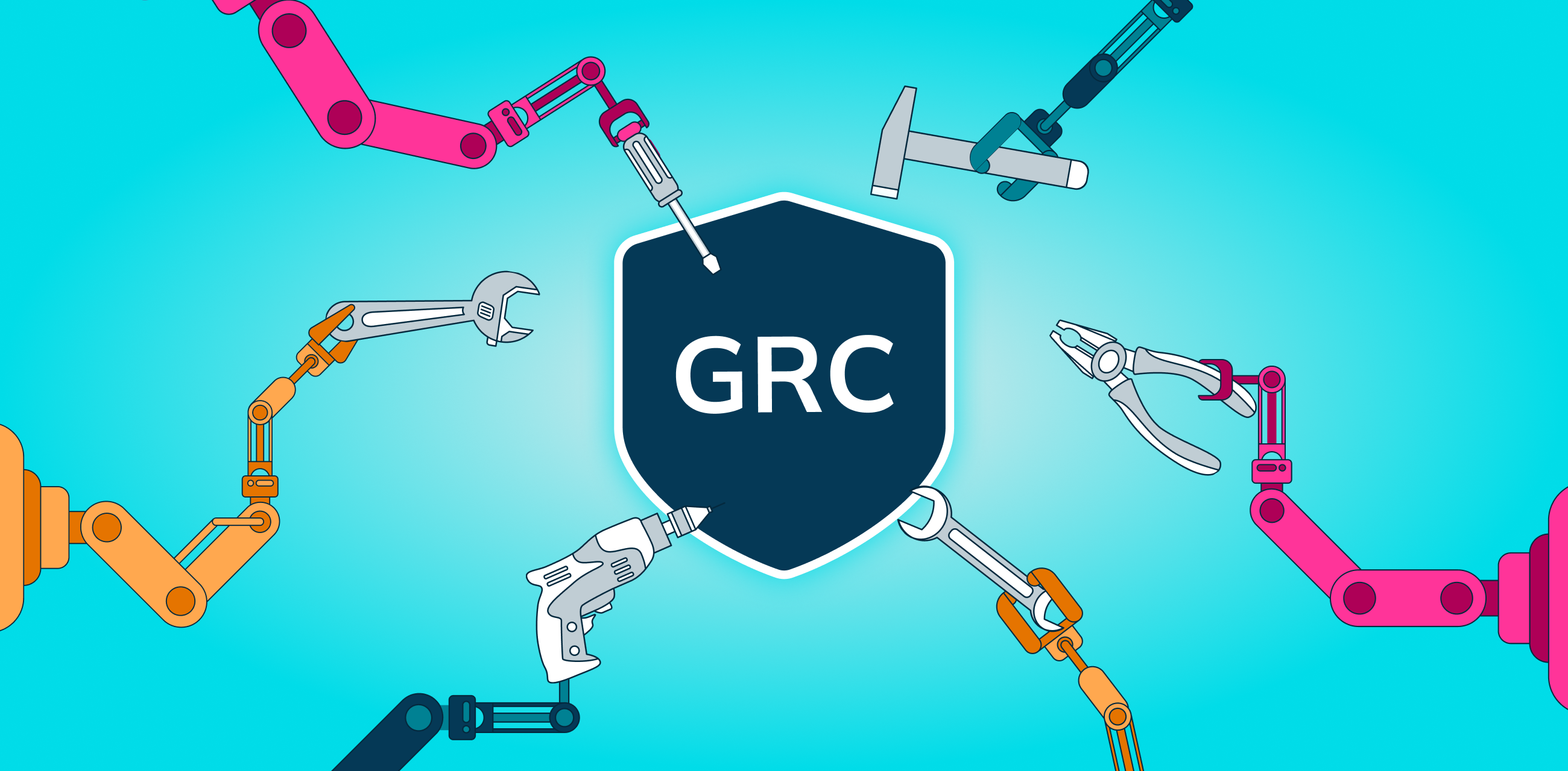 “GRC AI Shop” window display: a set of humble gardening tools tagged “IC favorites” next to shiny, useless executive toys like a golden watering can and a desk zen garden