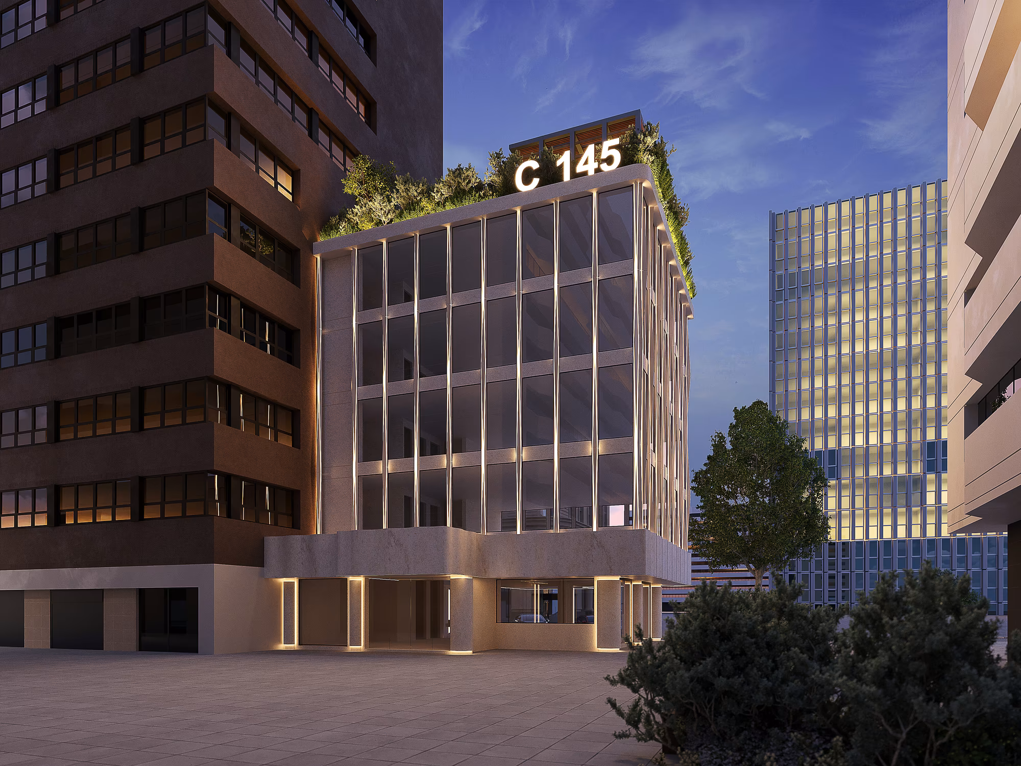 Exterior nocturno de Paseo de la Castellana 145, oficina de lujo Primework en Chamartín, Madrid
