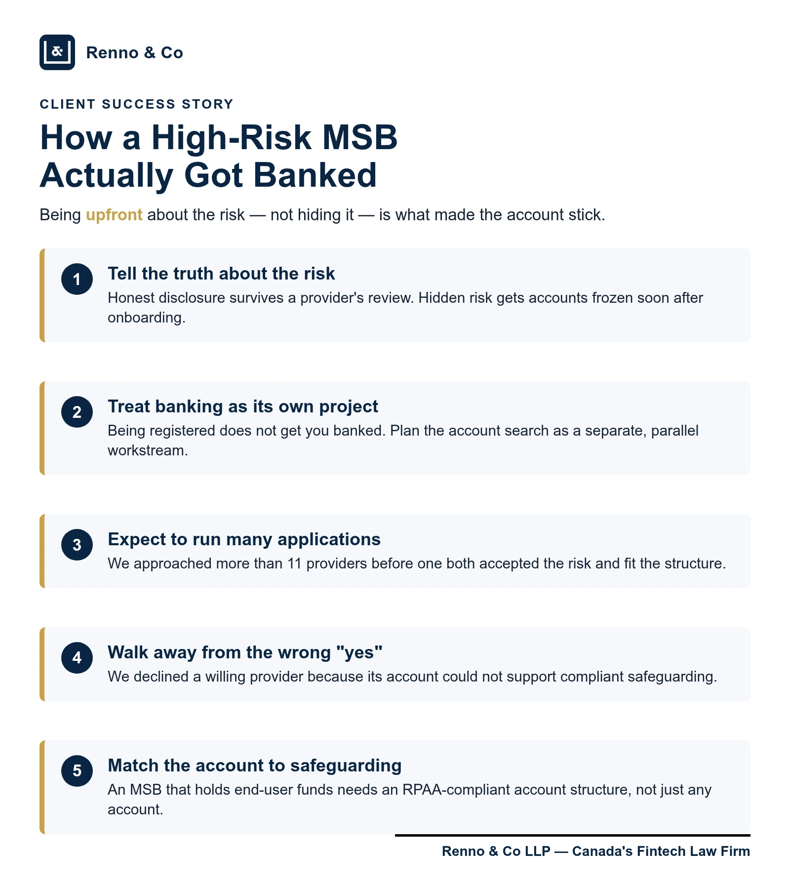 Five lessons for high-risk Canadian MSBs seeking banking and compliant safeguarding arrangements