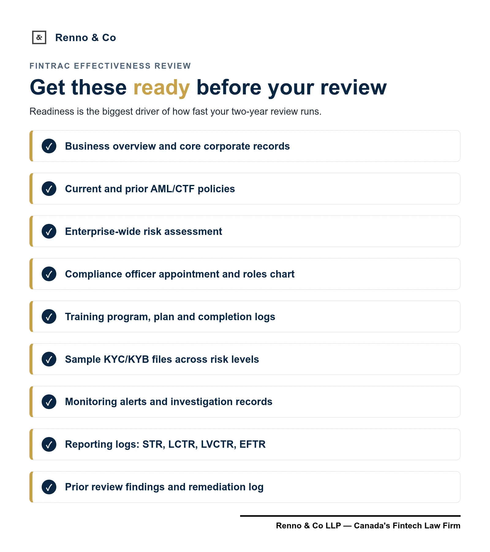Checklist of nine document groups to prepare before a FINTRAC effectiveness review