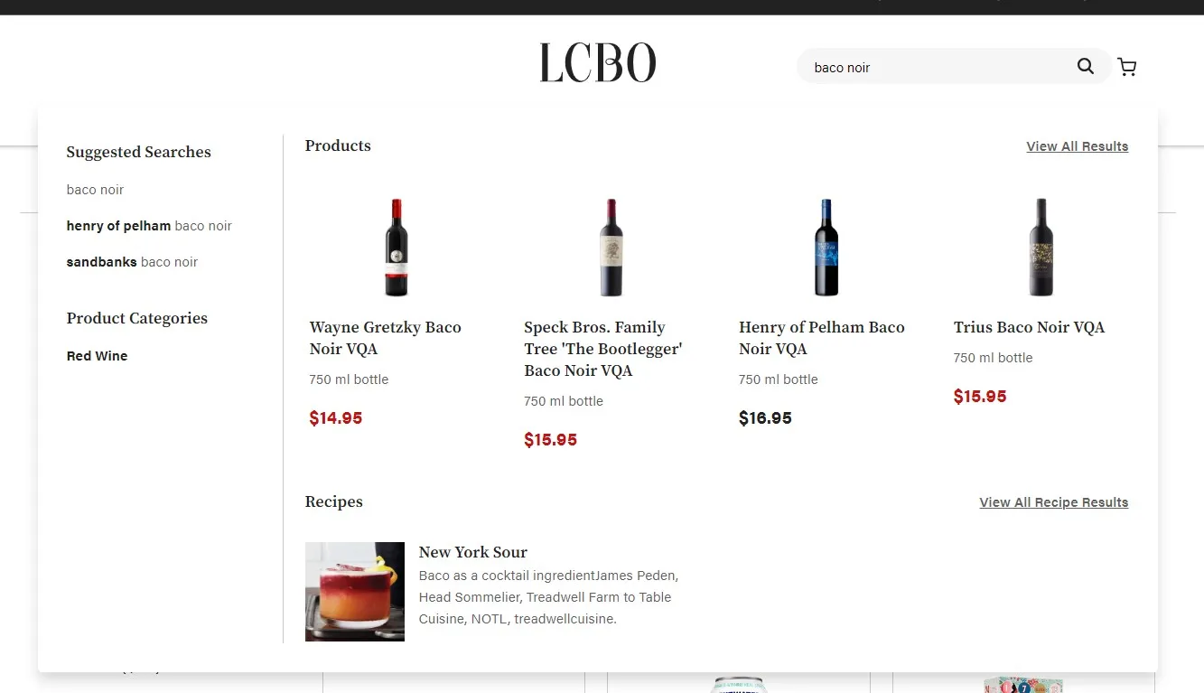 Advanced search bar opened, lcbo.com