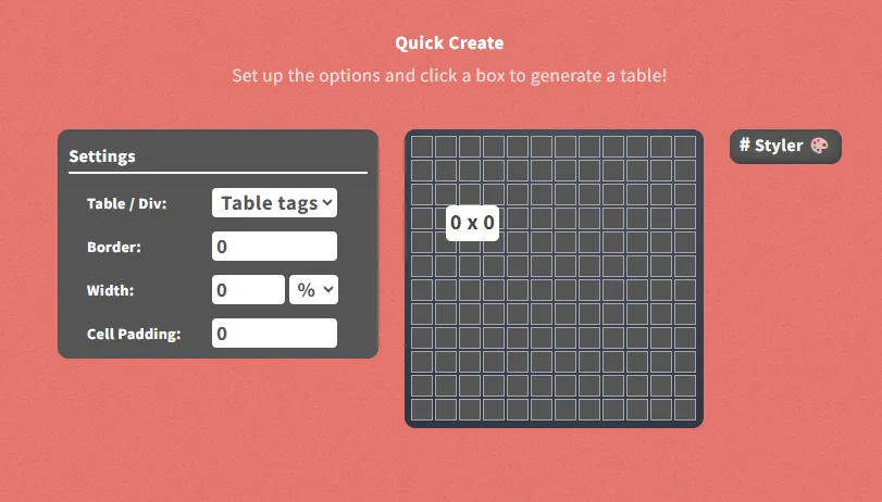 Screenshot from table generator website