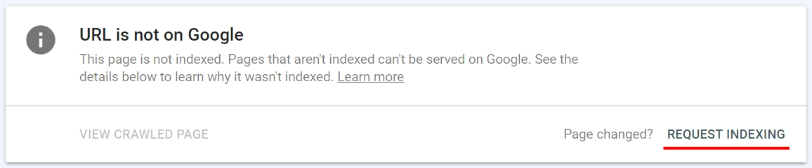 A screeshot from Google Search Console with webpage indexing request