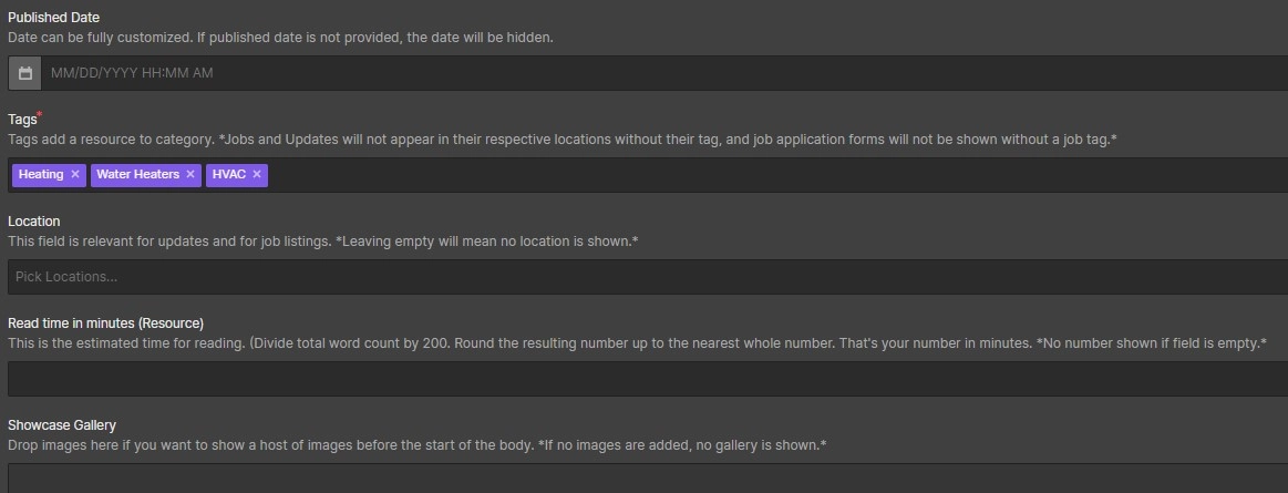 A screenshot of Webflow dashboard with an example of help text usage