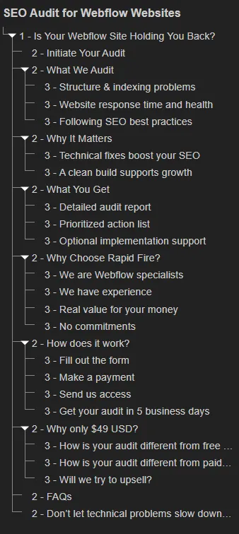 headings structure of our landing page