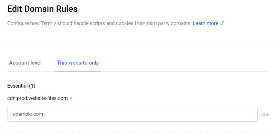 Termly dashboard with Domain Rule added