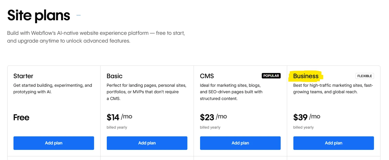 Webflow website plans