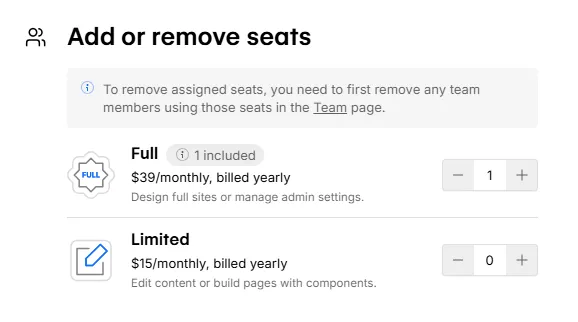 webflow seats pricing 