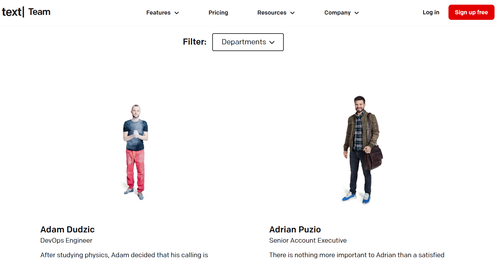 Screenshot from Text team page website