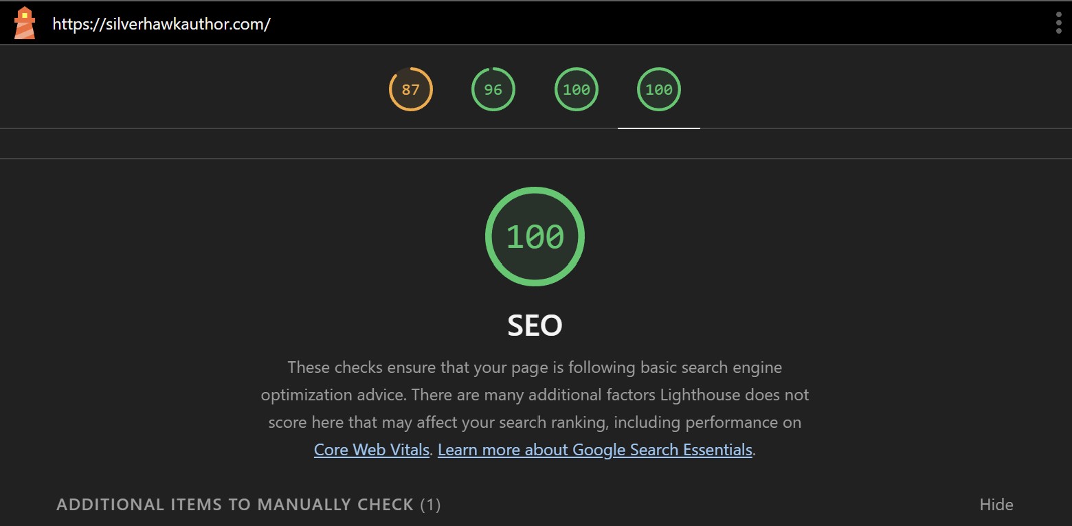 Screenshot of Lighthouse score of SilverHawkAuthor website