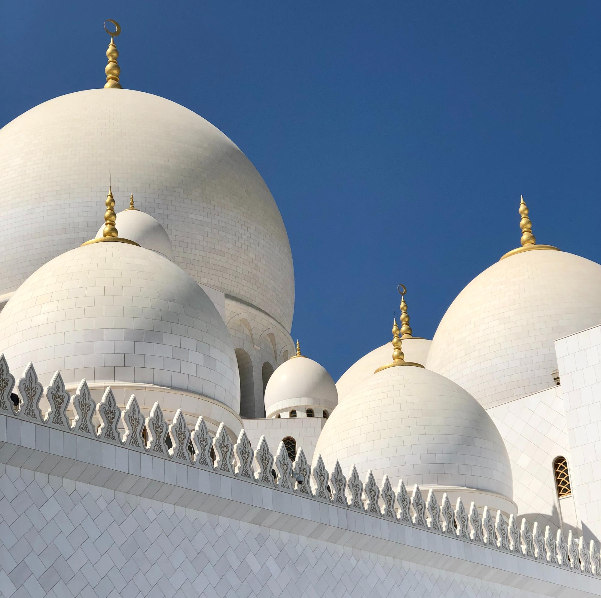 a close up shot of the brilliant-white domes of the mosque in abu dhabi