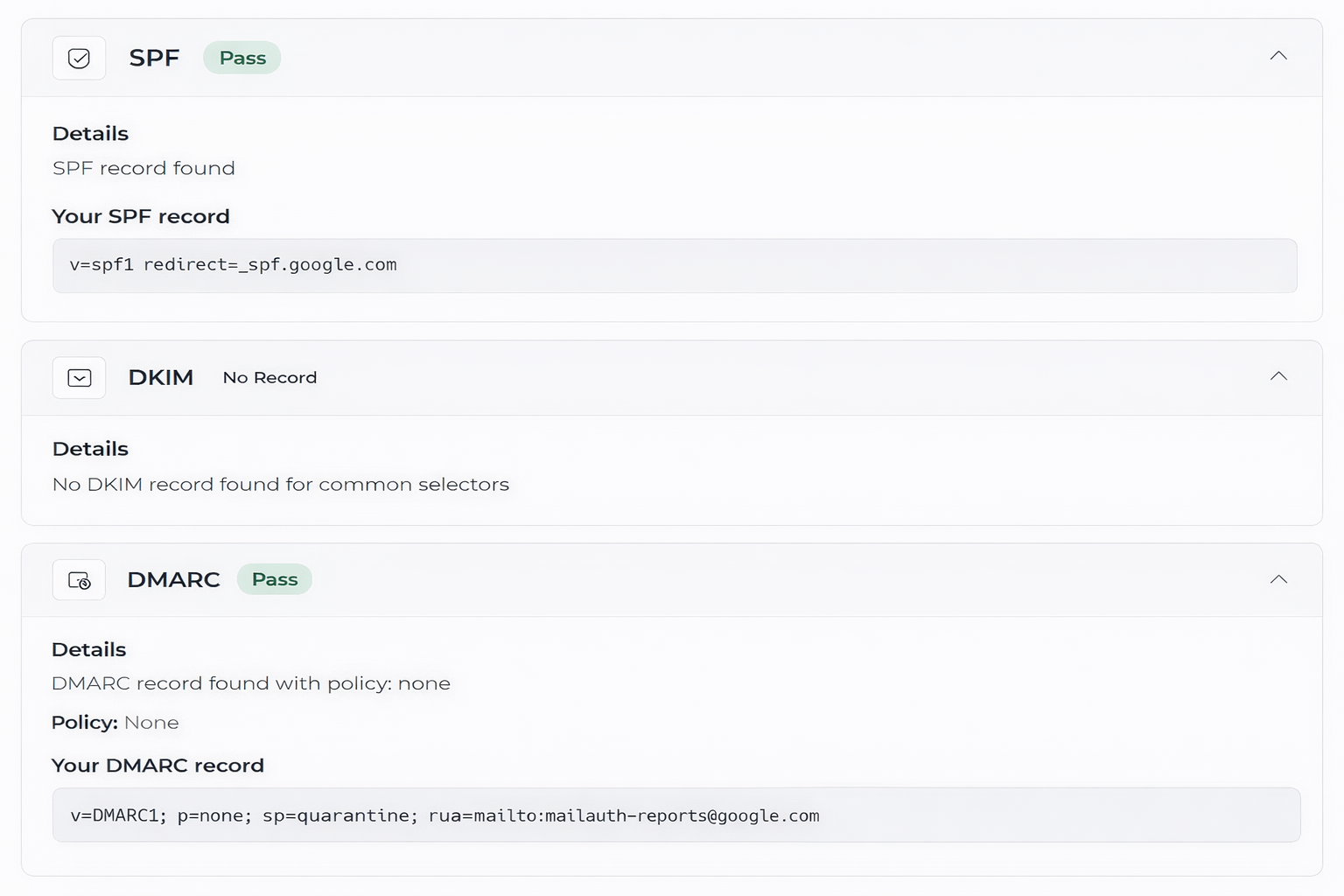 SPF, DKIM, DMARC test results