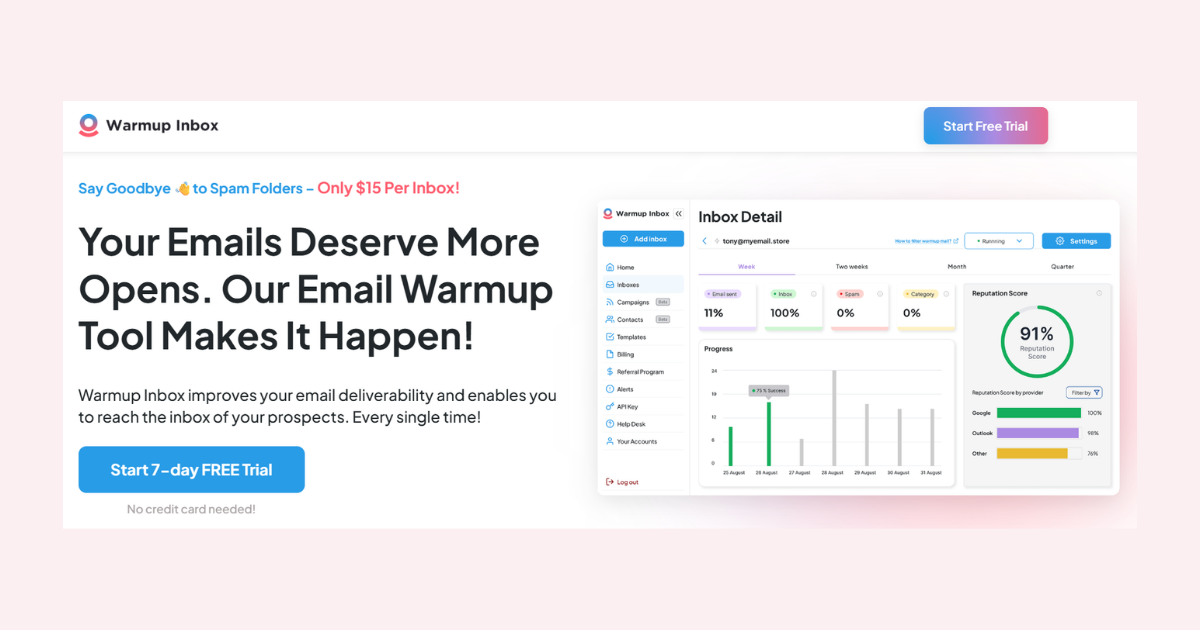 Warmup Inbox homepage with headline, free trial button, and email deliverability dashboard preview.