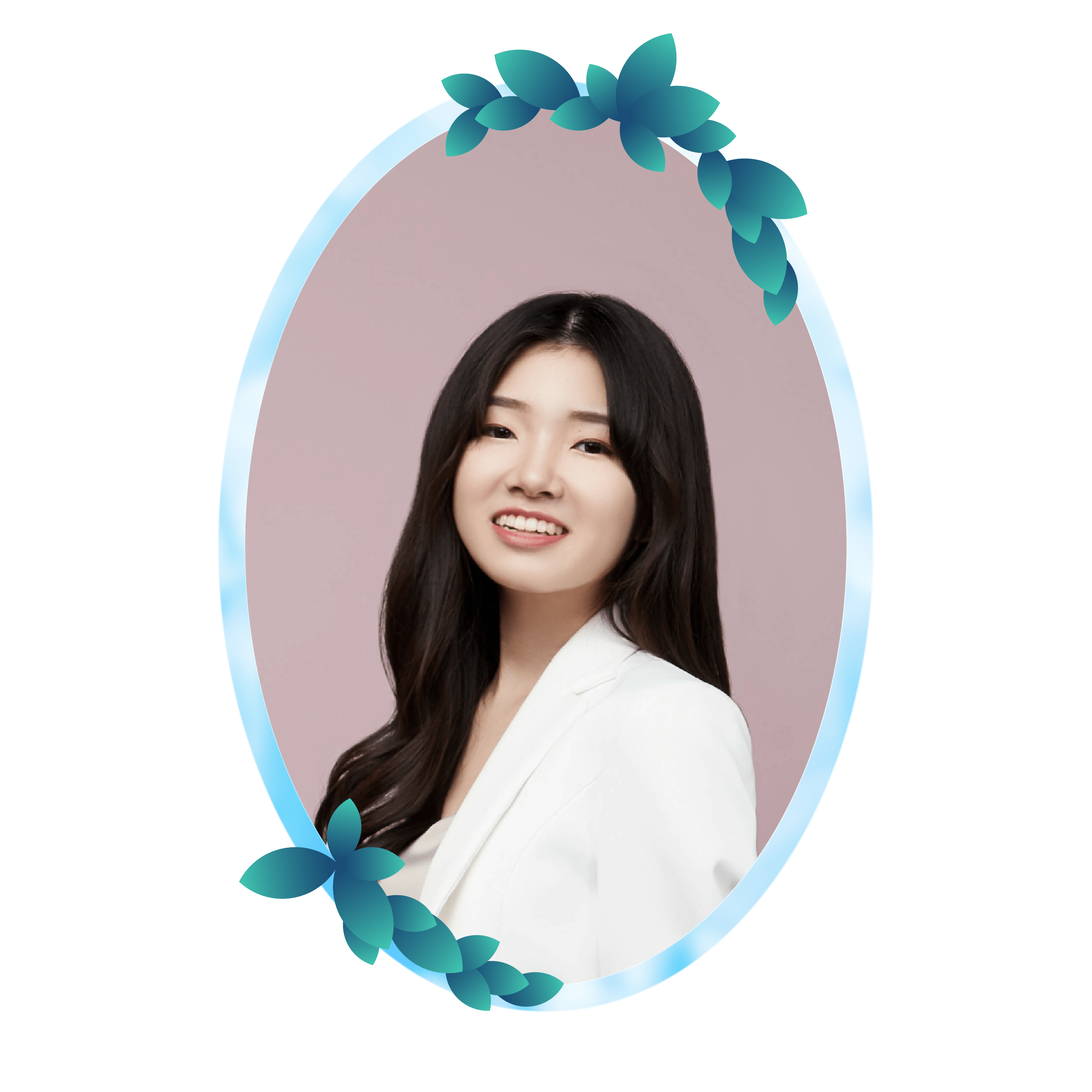 A headshot of Sharon, a smiling East Asian woman with long black hair. Her photo is framed by green vines resting on top of a glass frame