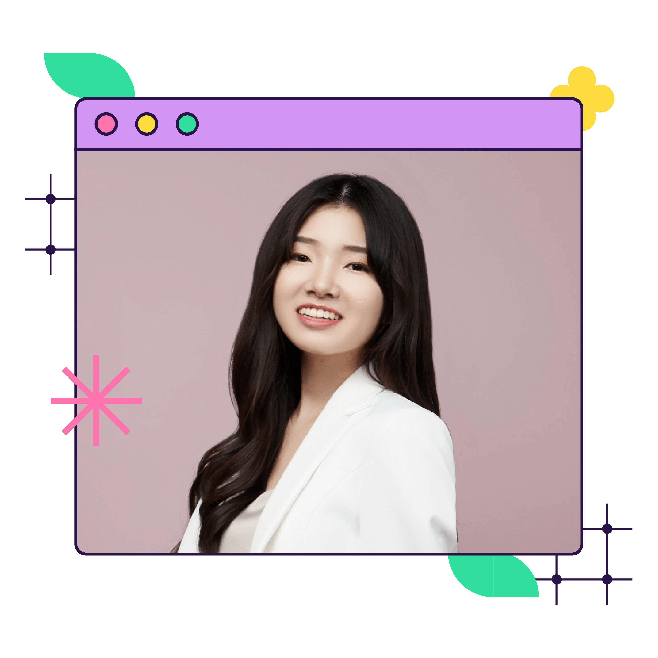 A headshot of Sharon, a smiling East Asian woman with long black hair. Her photo is framed within a neubrutalist, minimal version of a desktop window, with green, pink, and yellow decorative elements around her