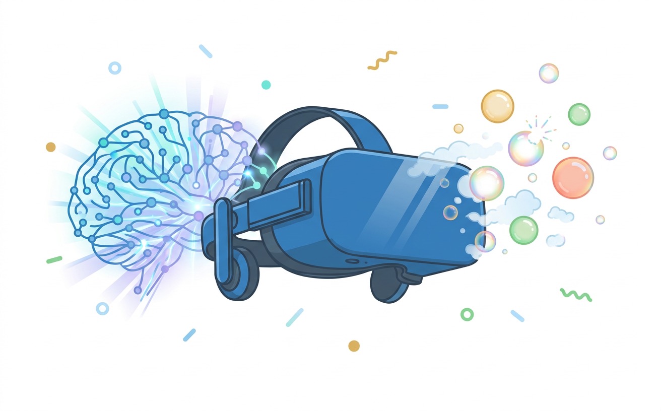 VR headset with a neural-network brain on one side dissolving into bubbles on the other, representing AI substance versus hype.