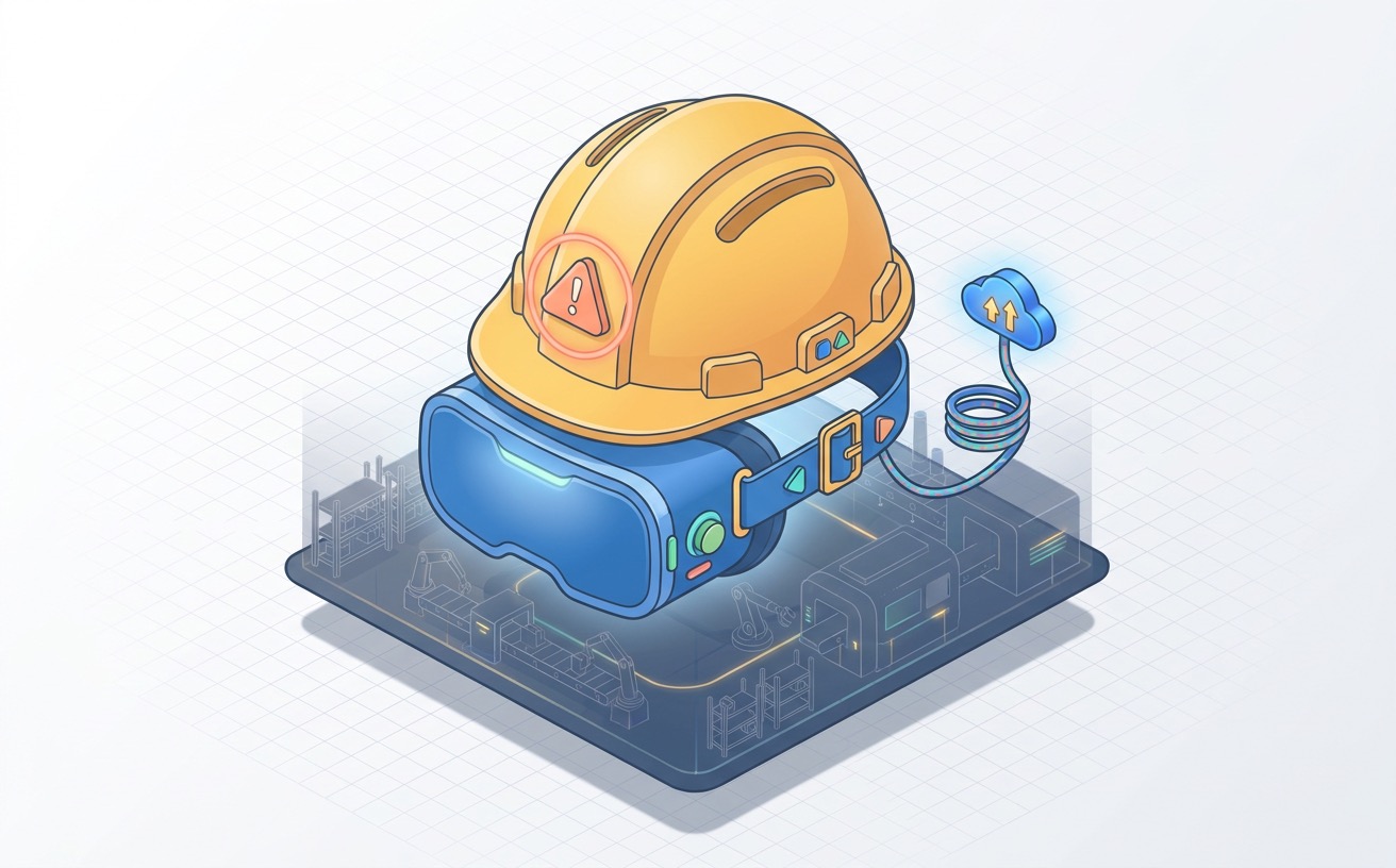 A safety hard hat merged with a VR headset over a faint industrial factory floor, with a small caution triangle.