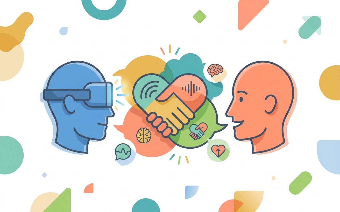 Two stylized profile heads facing each other, one wearing a VR headset, with speech bubbles and a handshake between them.