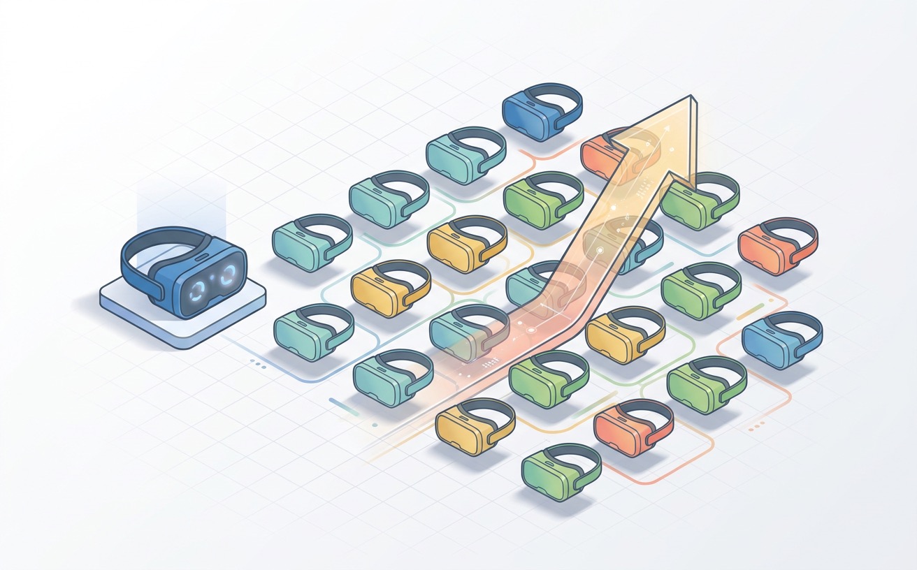 A single VR headset multiplying into an expanding grid of many headsets, with an upward scaling arrow.