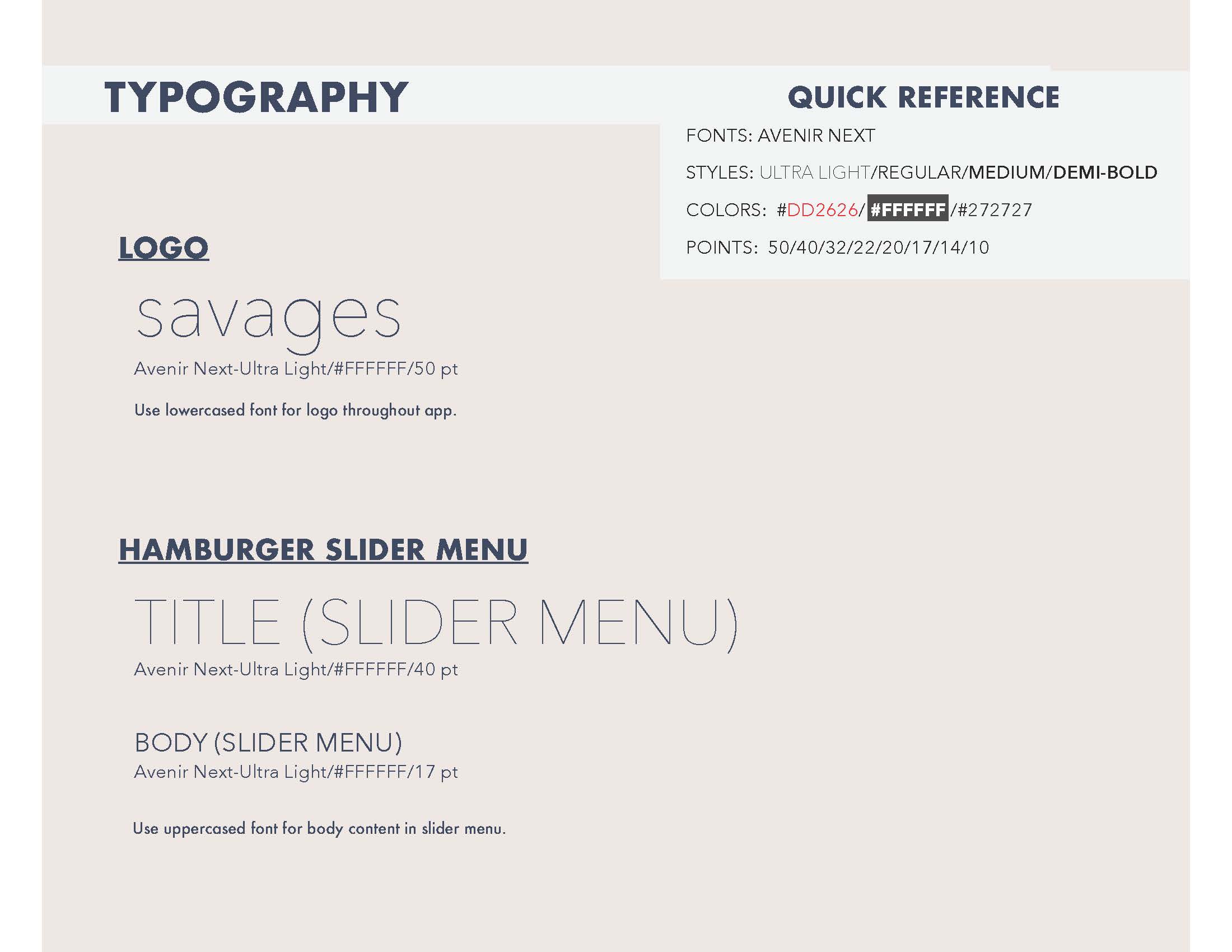 Style guide for Savages mobile scavenger hunt game application.