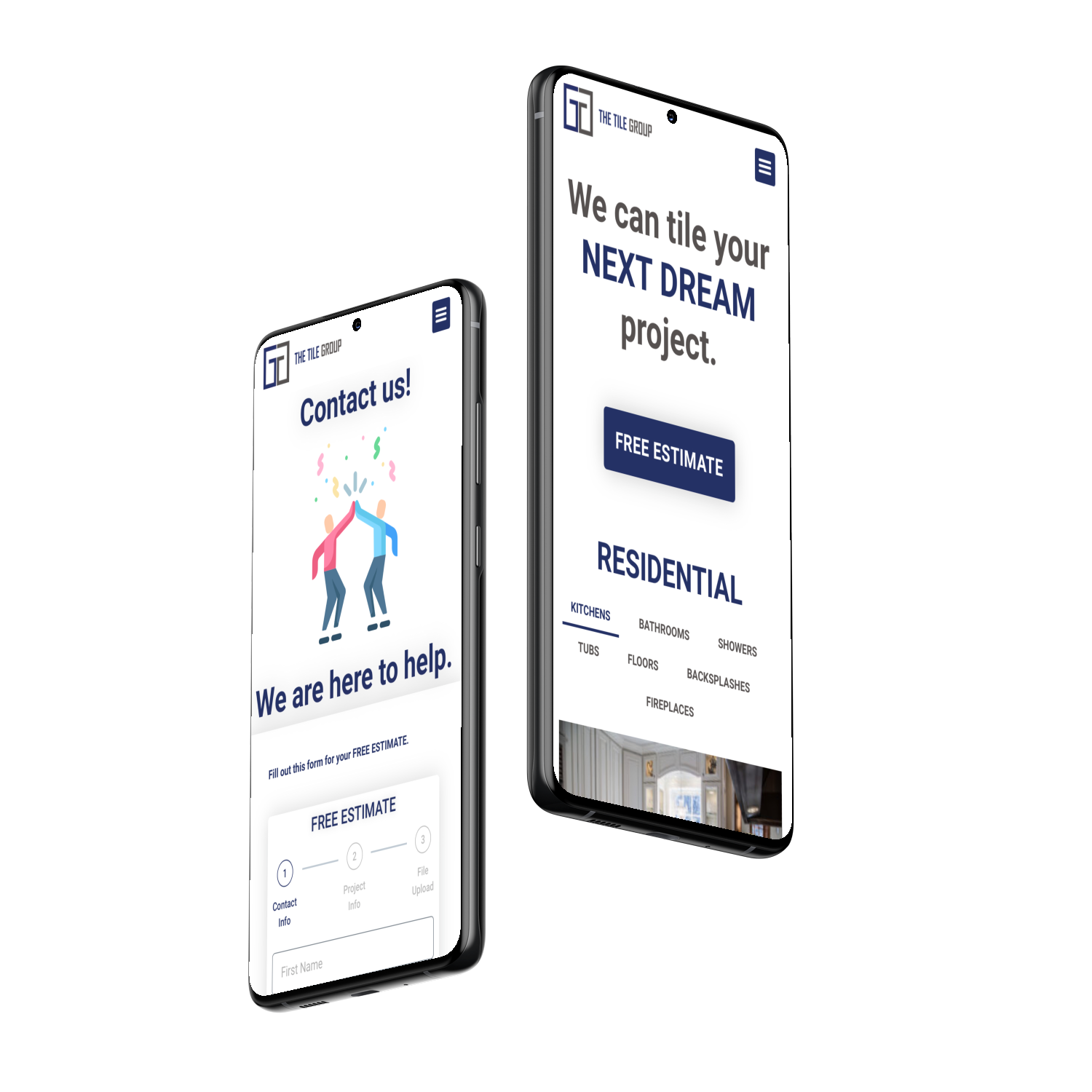 Mobile Contact page and Project page for The Tile Group website.