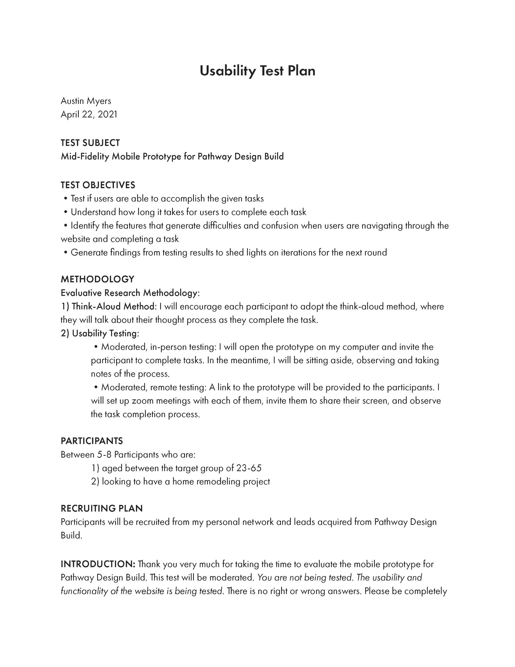 Usability Test Plan for Pathway Design Build 1 of 4