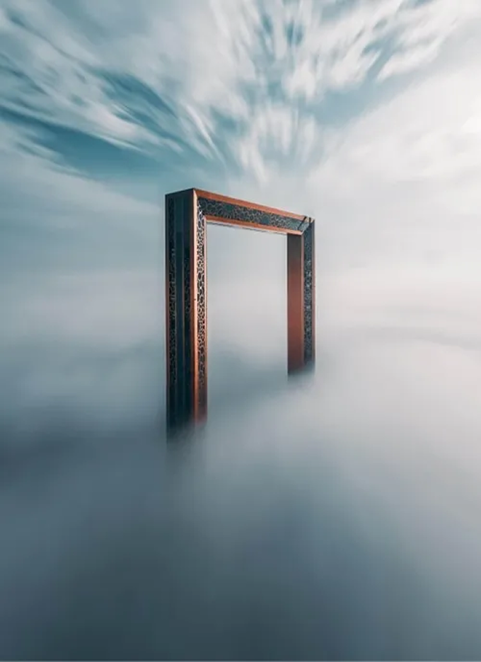 A wooden frame in the middle of a body of water.