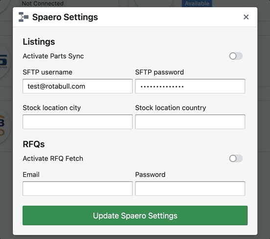Spaero Settings configuration in Rotabull