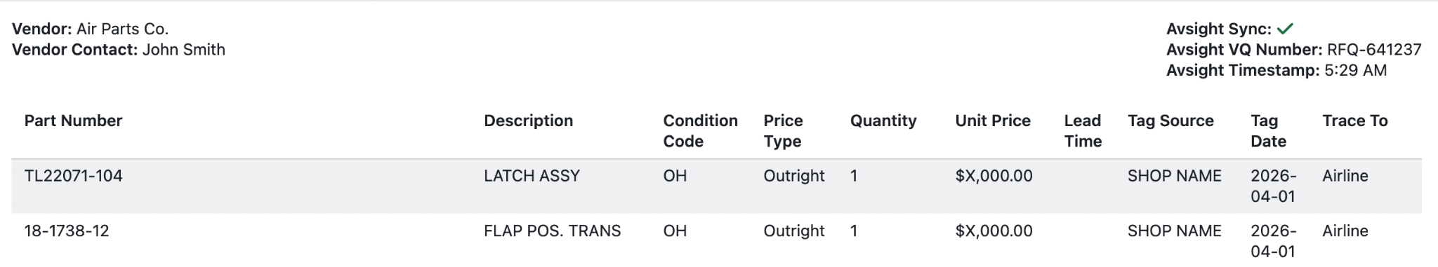 Vendor Quote synced to AvSight with VQ number and timestamp