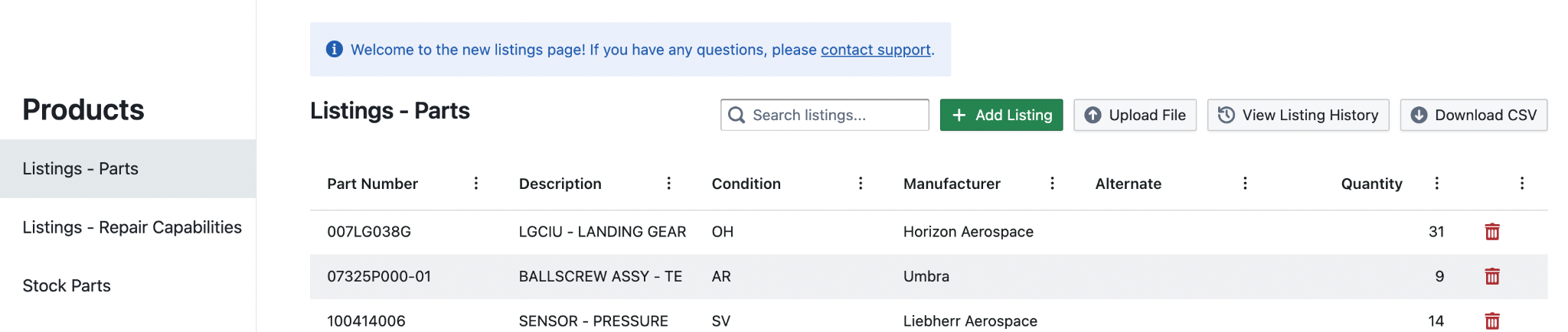 The new Products page in Rotabull showing the Listings - Parts view