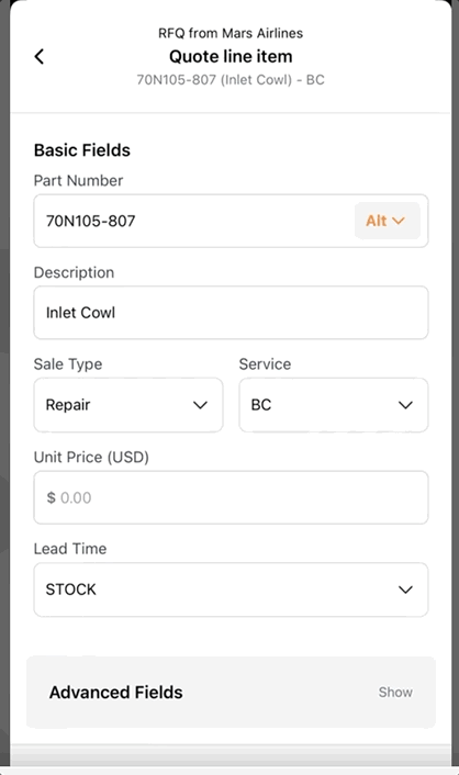 Attaching documents to a quote line item in the Rotabull mobile app