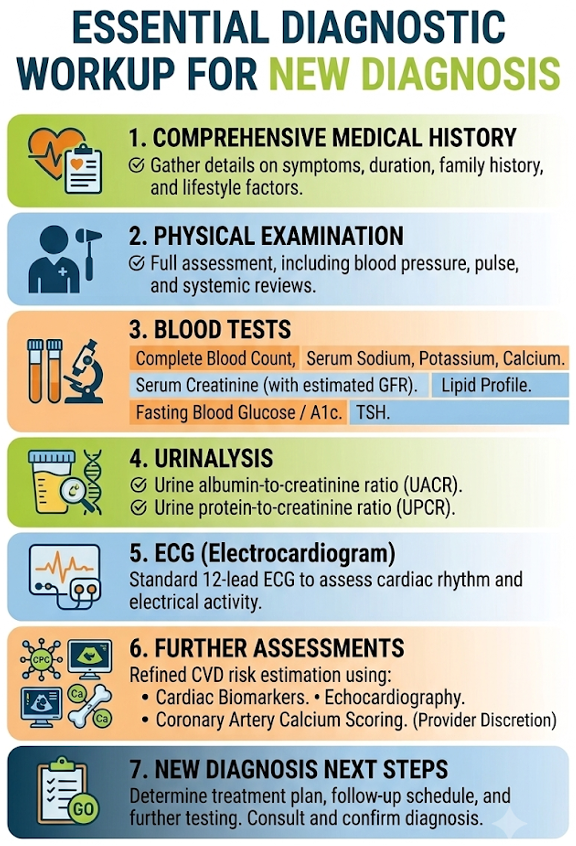 Infographic outlining essential clinical steps following a new hypertension diagnosis.