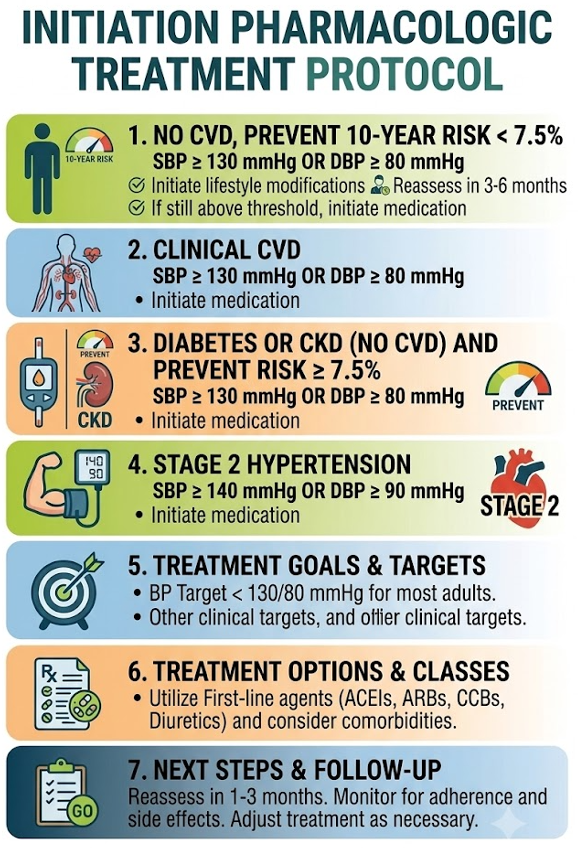 Protocol chart for initiating pharmacologic treatment of hypertension, showing recommended first-line drug classes and dosing steps by blood pressure level.