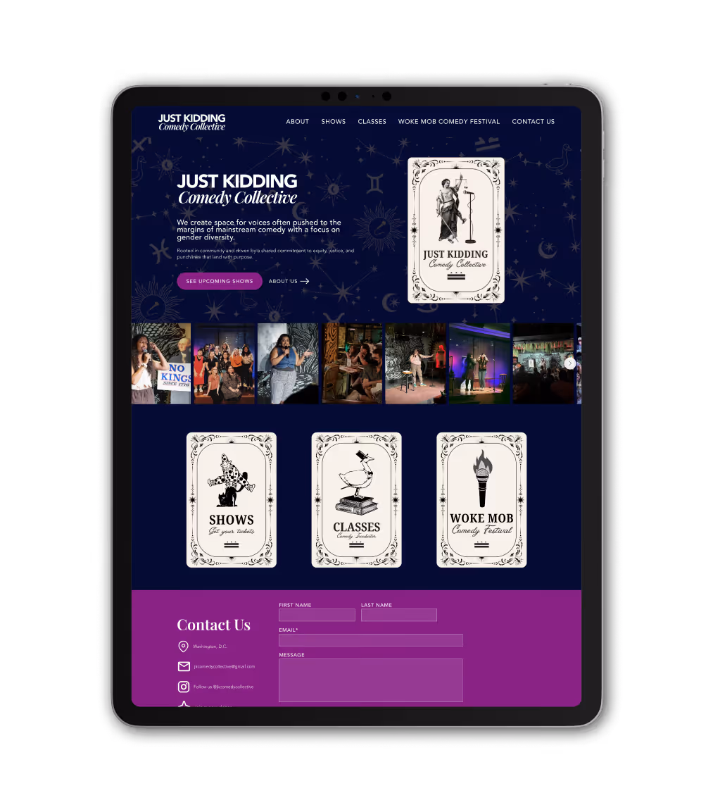 Preview of Just Kidding Comedy Collective's new website.