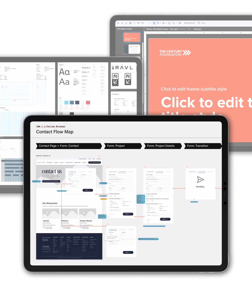 Preview of different design systems: contact us flow, ui kit, and a presentation template.