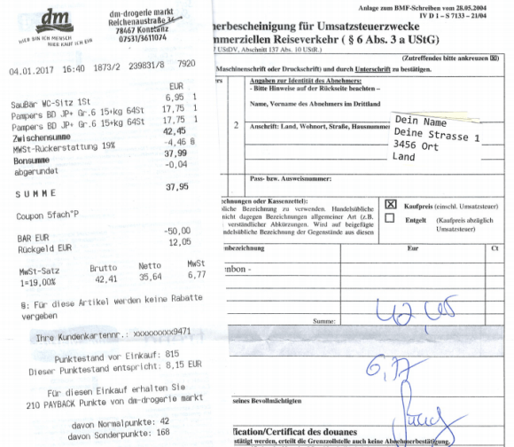 Imagem de um recibo de compra e um extrato de um certificado de exportação.