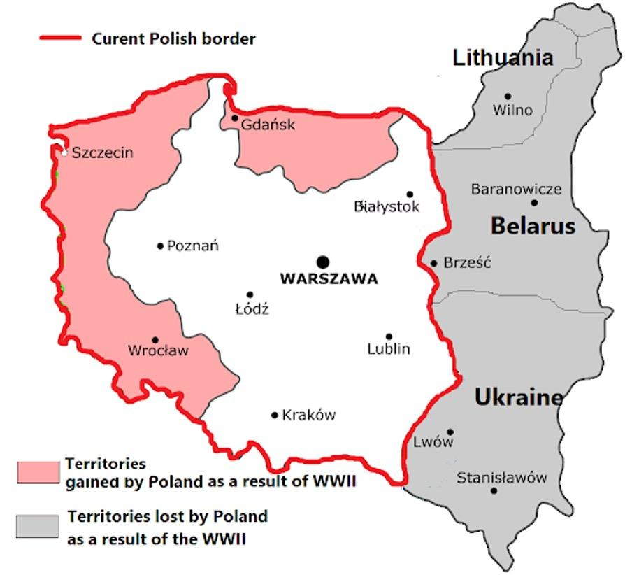 Imagem do mapa sobre os ganhos e perdas territoriais da Polônia após a Segunda Guerra Mundial