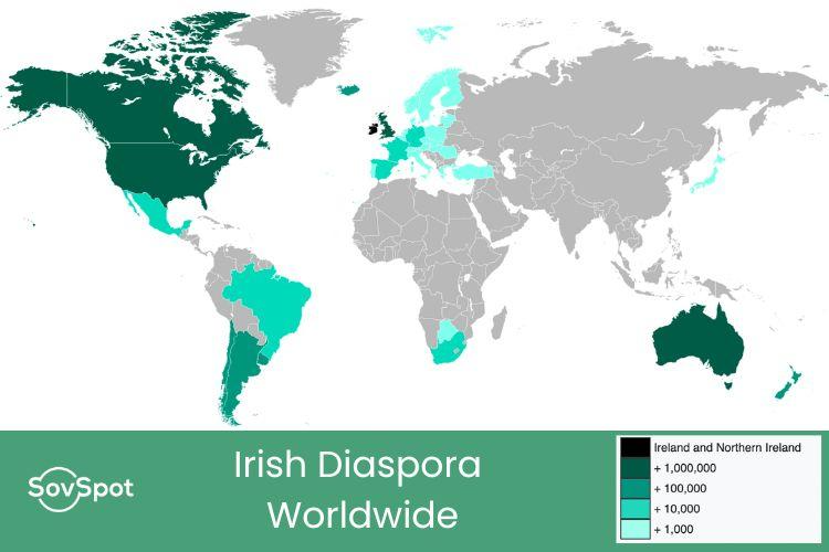 Imagem do mapa da diáspora irlandesa ao redor do mundo