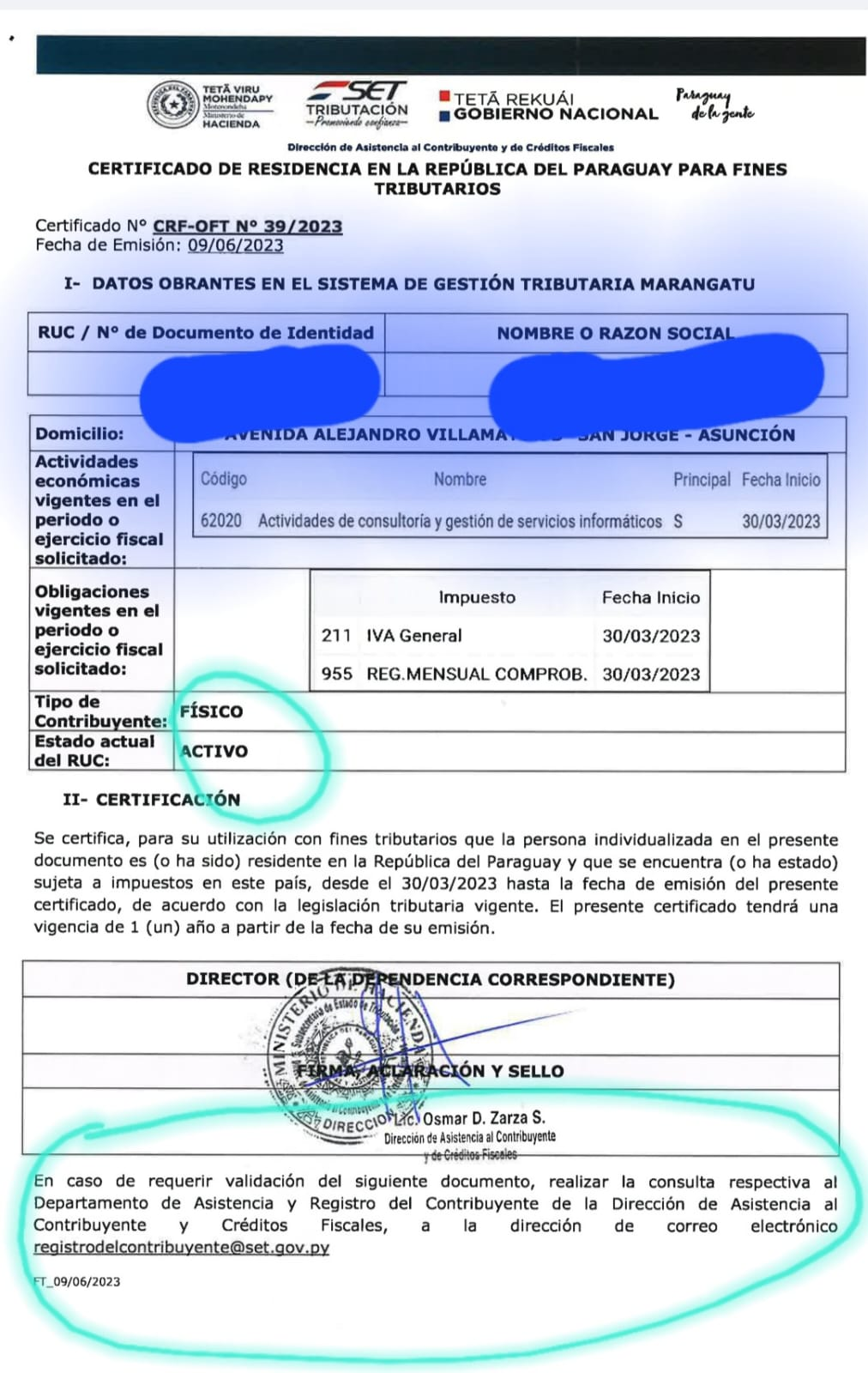 Certificado de residência fiscal paraguaio