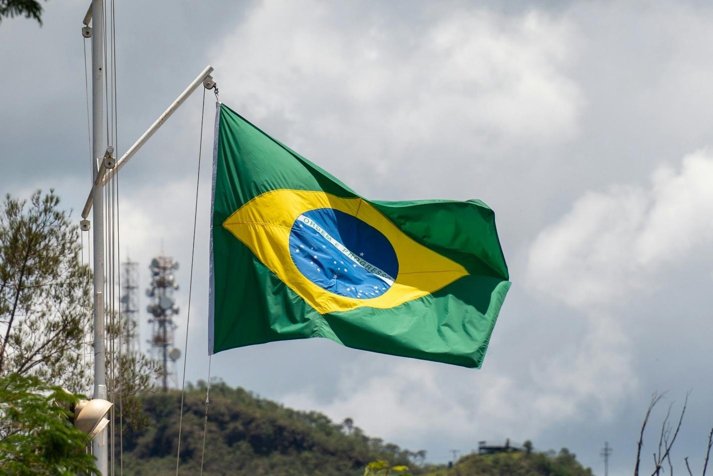 uma bandeira verde e amarela voando ao vento