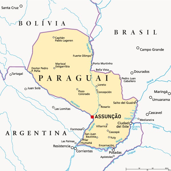 Mapa do Paraguai e seus países vizinhos.