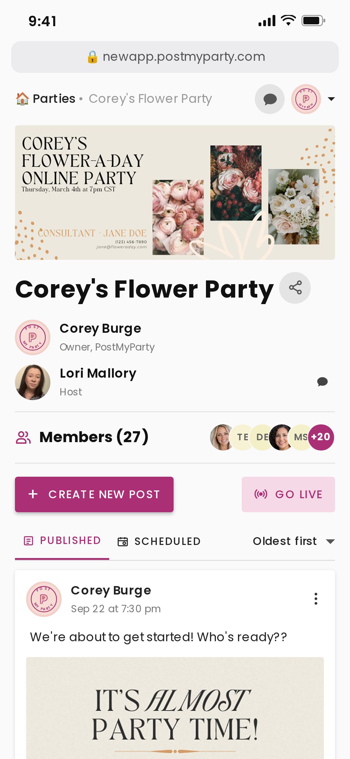 A Virtual Pop-Up party on a phone with a new post, guest comments and RSVPs