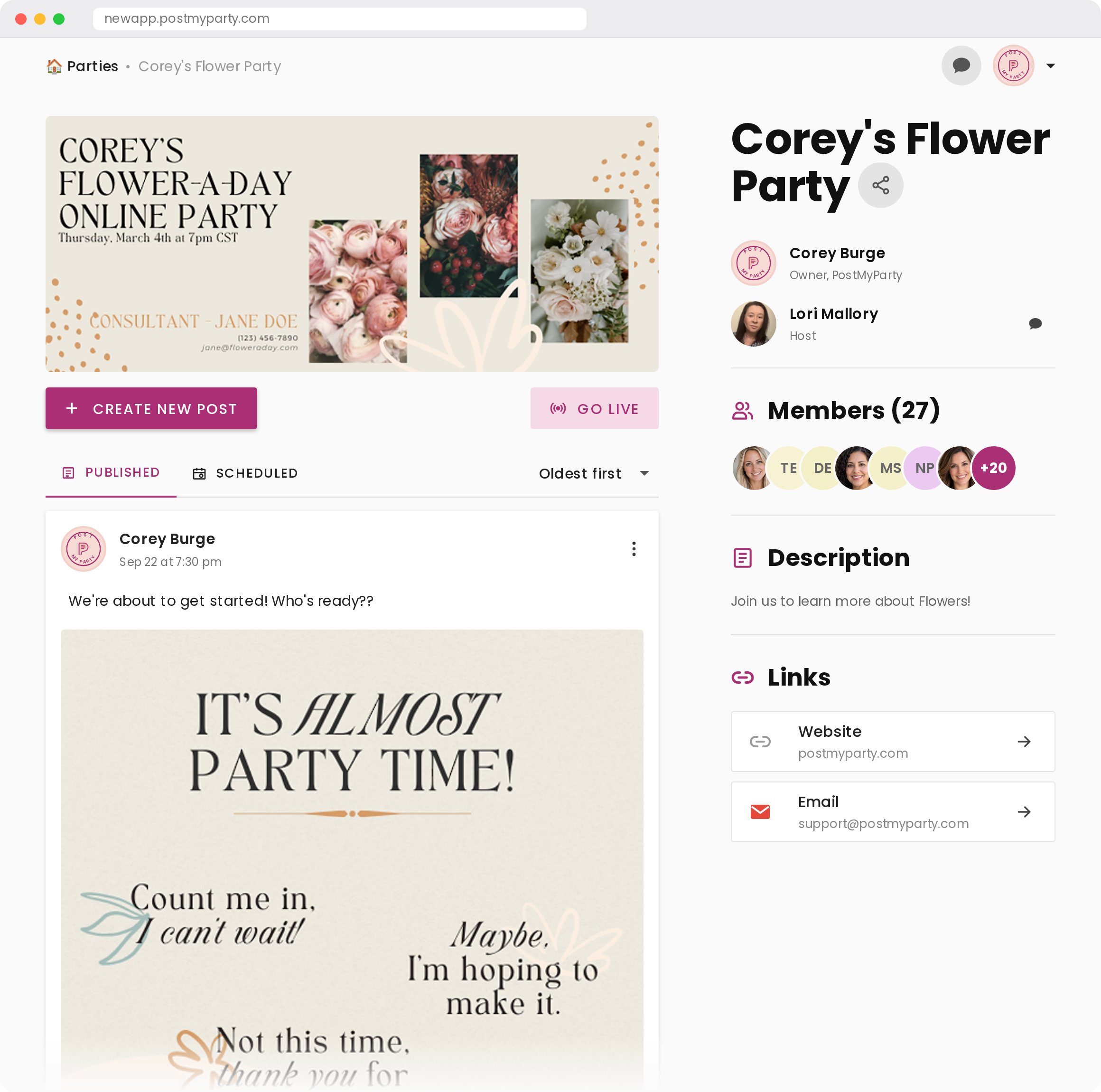 A Virtual Pop-Up party on desktop with a new post, guest comments, links and RSVPs