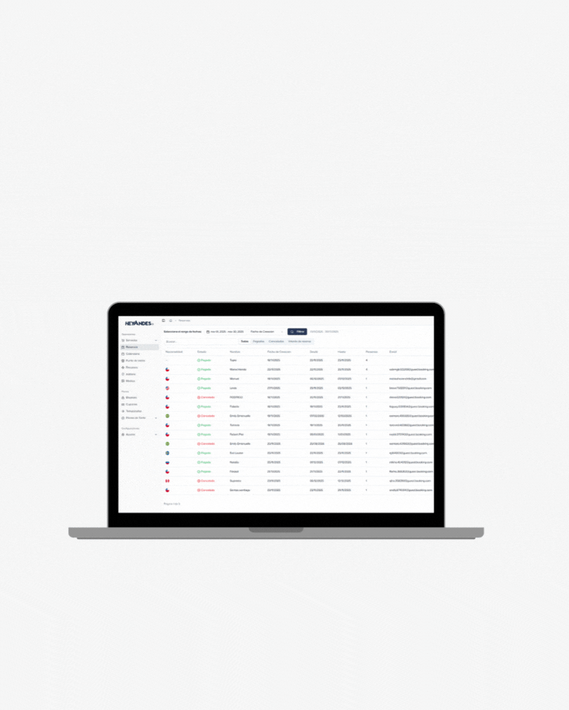 Animated laptop screen displaying a dashboard with a table of entries showing payment statuses marked as 'Pagado' or 'Concendido' with country flags and profile details.
