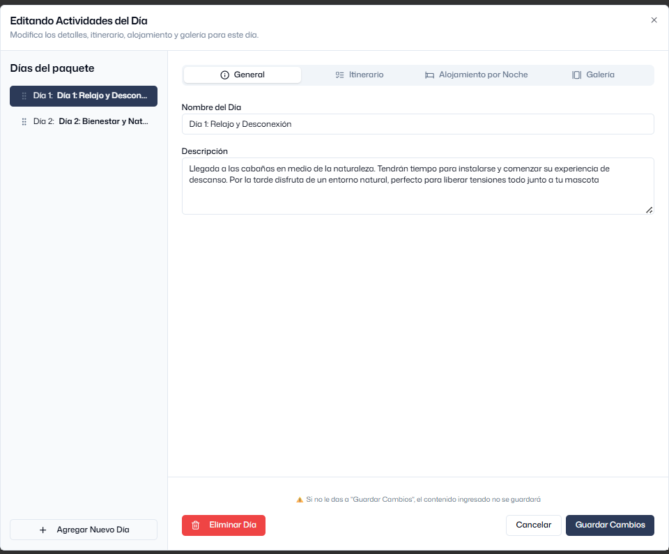 User interface for editing daily activities with tabs for General, Itinerary, Night Accommodation, and Gallery; currently on General tab showing fields for day name and description in Spanish.