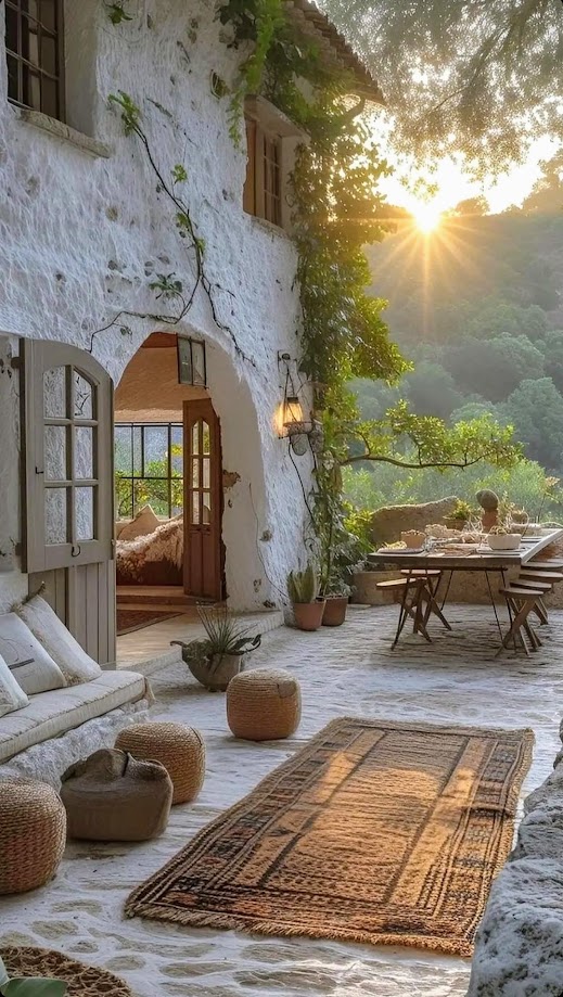 Cozy outdoor patio with cushioned seating, woven poufs, a patterned rug, dining table, and sun setting over a green hillside.