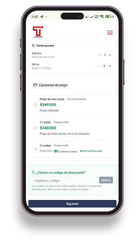 Mobile screen showing a payment options form with participant age groups, radio buttons for single or installment payment plans, and a discount code field with an apply button.