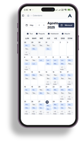 Mobile phone displaying an August 2025 calendar with options for Tour, Package, Room, and Rent, and a highlighted monthly view button.