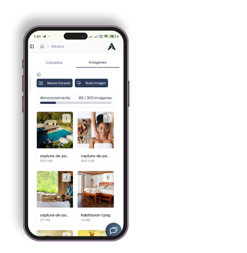 Smartphone screen showing a media gallery app with folders and image thumbnails including a pool, a woman resting, a person in a green field, and a wooden bedroom interior.