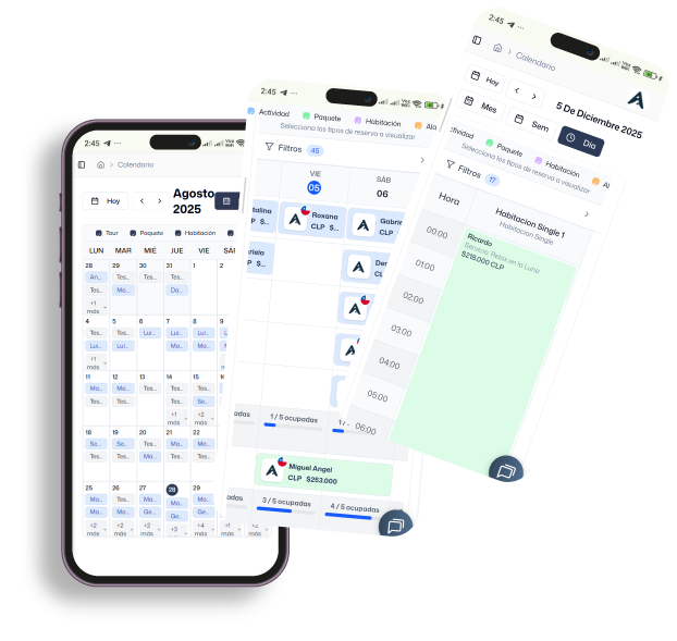 Three mobile screens displaying a calendar booking app interface with dates, reservations, and pricing in Spanish.